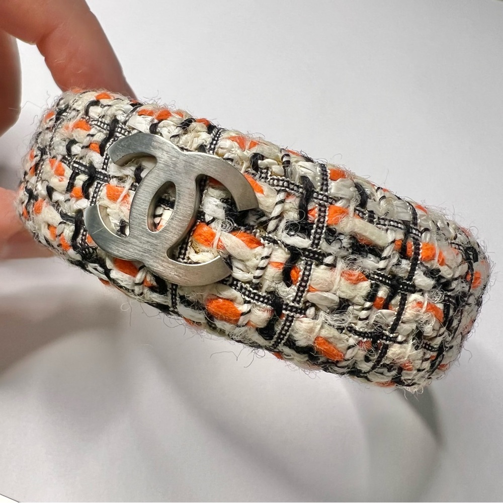 AUTH Chanel Orange Cream Tweed Bangle Bracelet Silver Metal CC Logo - Picture 9 of 11